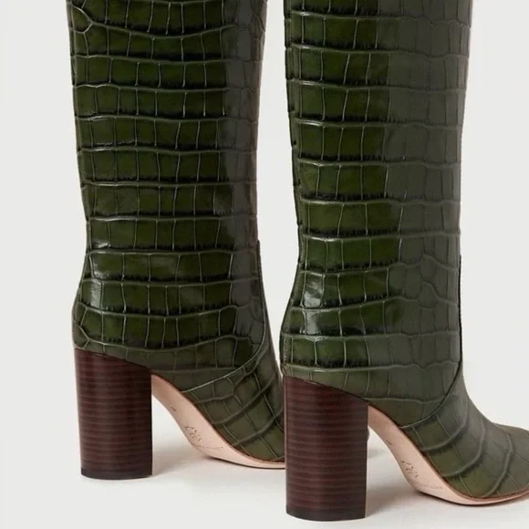 Loeffler Randall Tall Goldy Leather Croc Forest Green Heel Knee Boot Pull On 6 - Picture 3 of 14